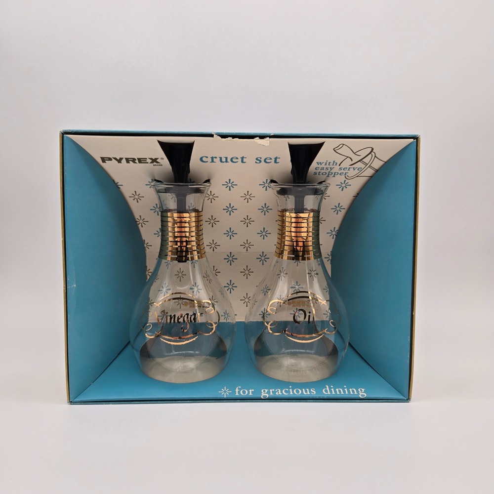 Vintage Pyrex Cruet Set Clear Gold Band Oil Vinegar Mid Century Modern Retro